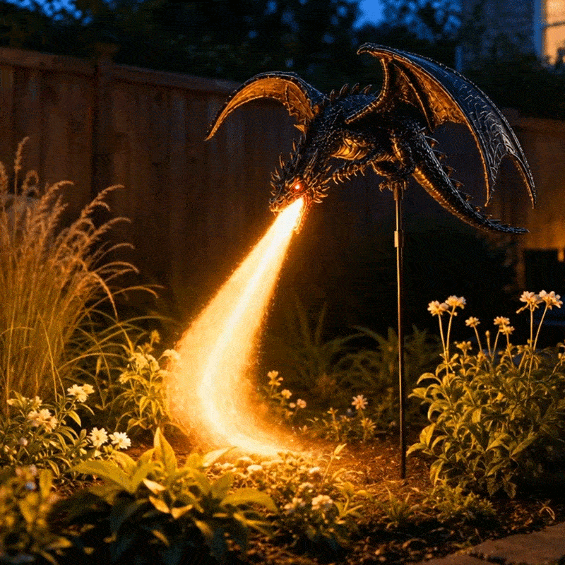 DragonFlame garden sculpture by day and night